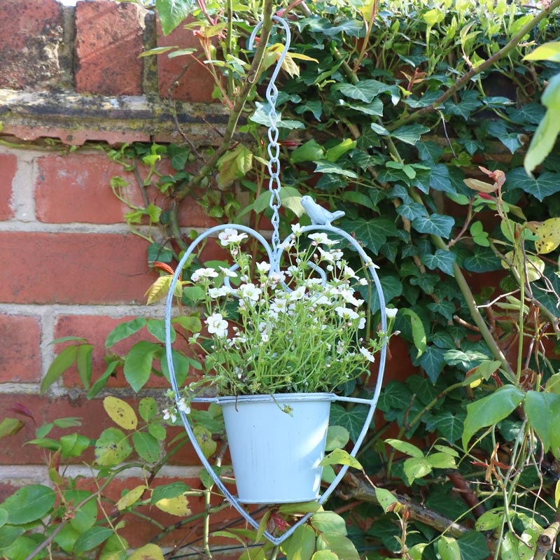 Hanging outdoor Plant Pot - Blue Heart & Bird Design