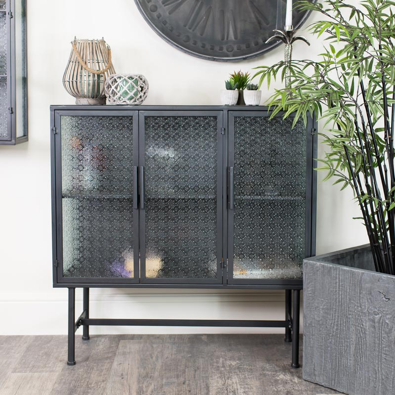 Industrial Grey Metal Glass Cabinet, Industrial Metal Bookcase With Glass Doors