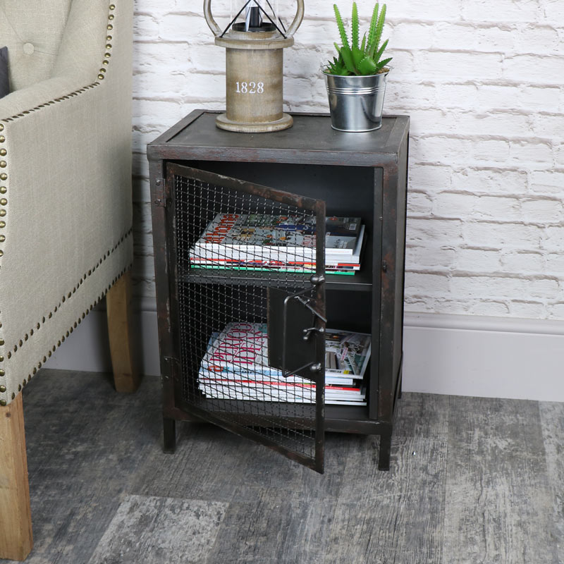 Rustic Mesh Fronted Bedside Table Cupboard
