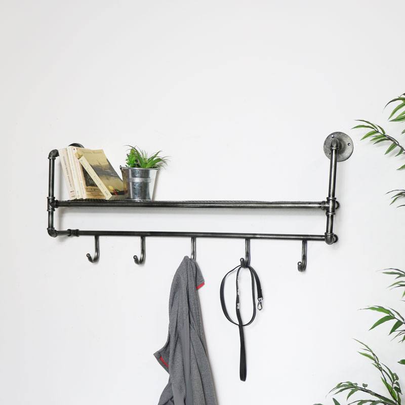 Industrial Wall Shelf With Hooks - Wall Shelf With Hooks For Bathroom