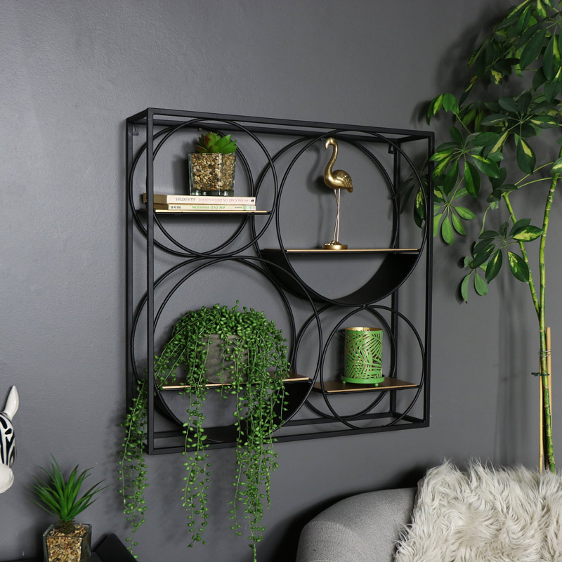 Large Black And Copper Wall Shelf Unit
