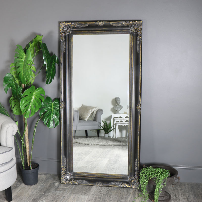 Large Black Distressed Ornate Mirror, Distressed Floor Mirror