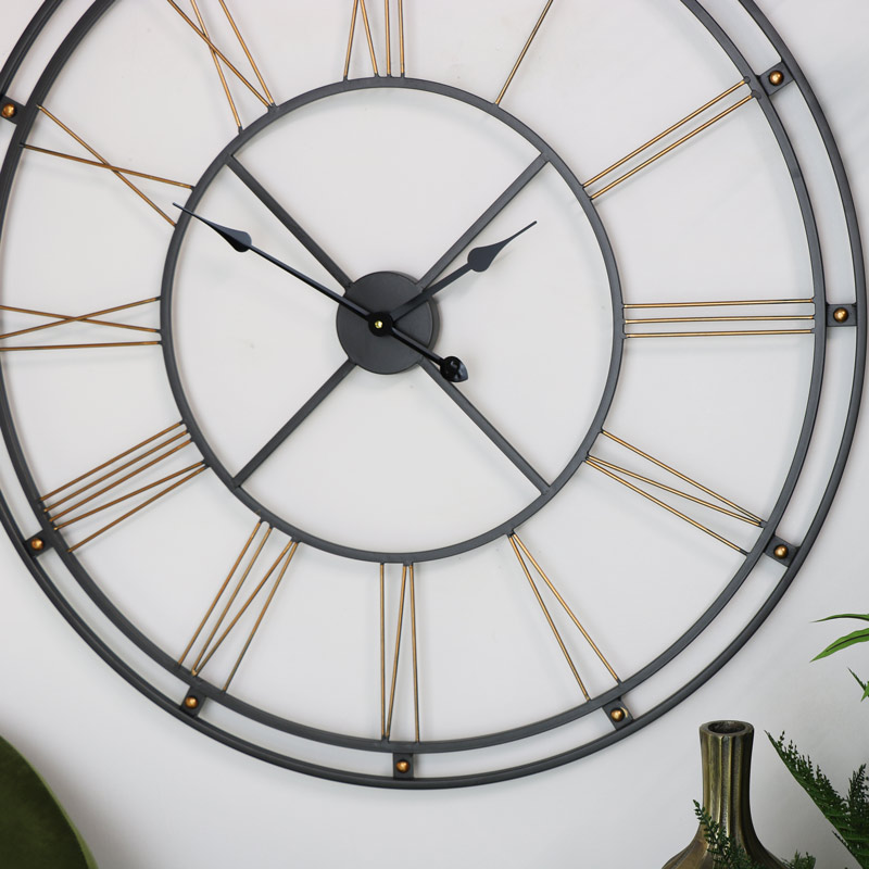 Large Black & Gold Skeleton Wall Clock