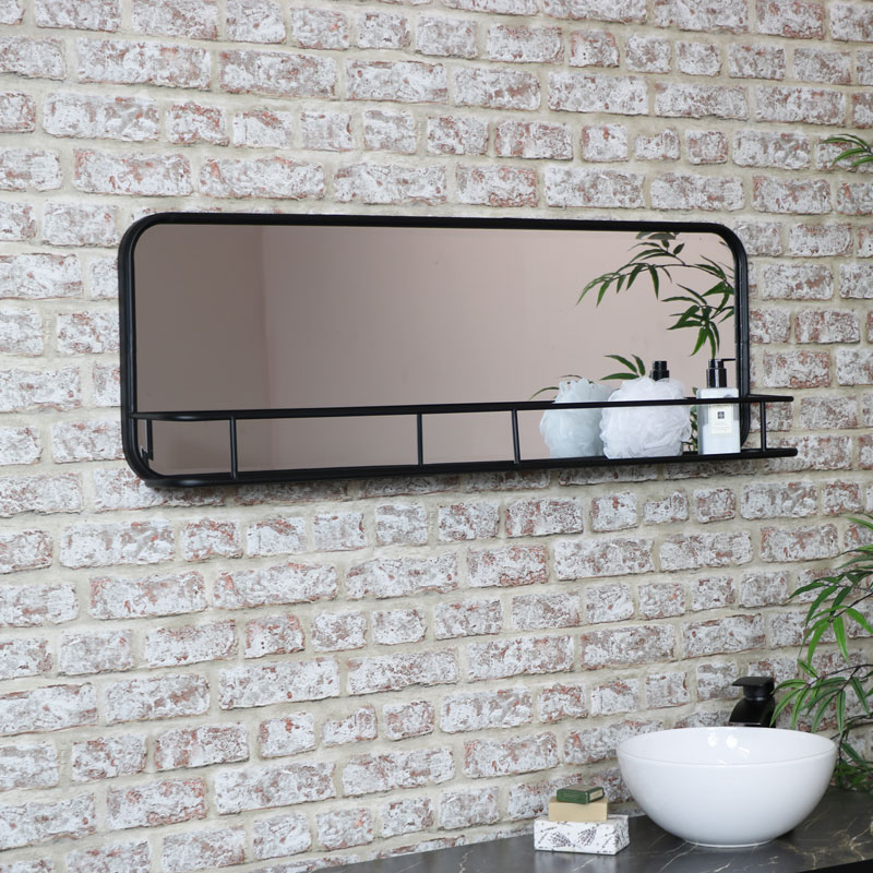 Large Black Industrial Mirror With Shelf, Large Mirror Wall Tiles Uk