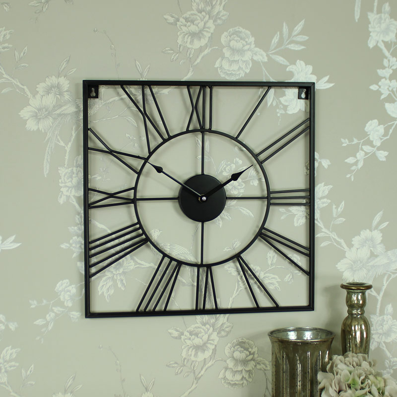 Large Black Iron Square Skeleton Wall Clock