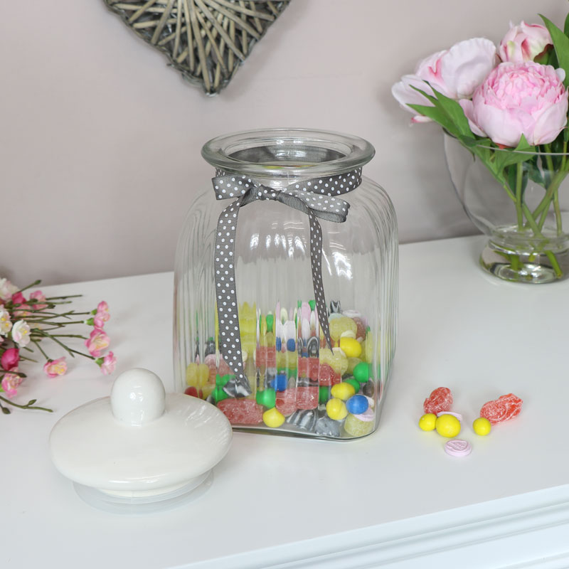 Large Glass Ribbed Storage Jar with White Ceramic Lid