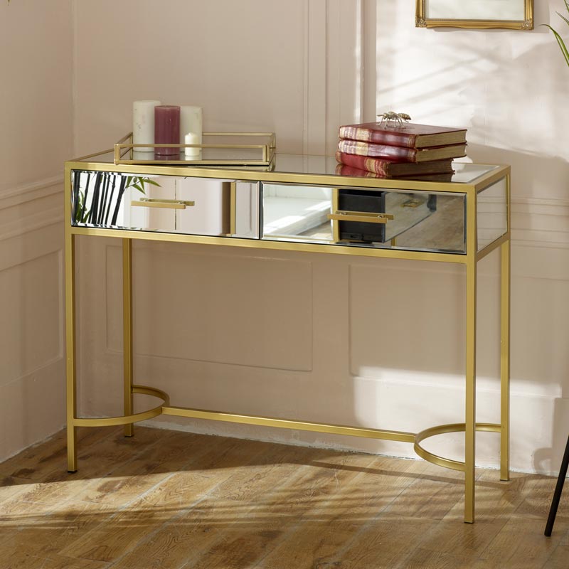 Large Gold Frame Mirrored Console Table, Gold Console Table With Mirror Top