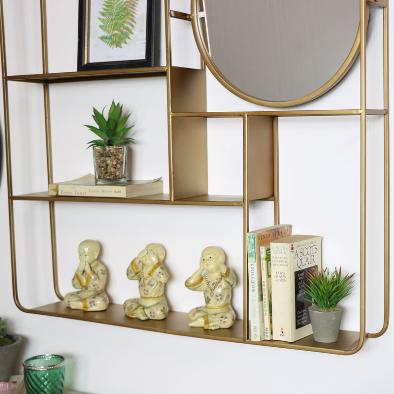 Large Gold Multi Shelf Mirrored Wall Unit - Gold Metal Wall Shelf With Mirror
