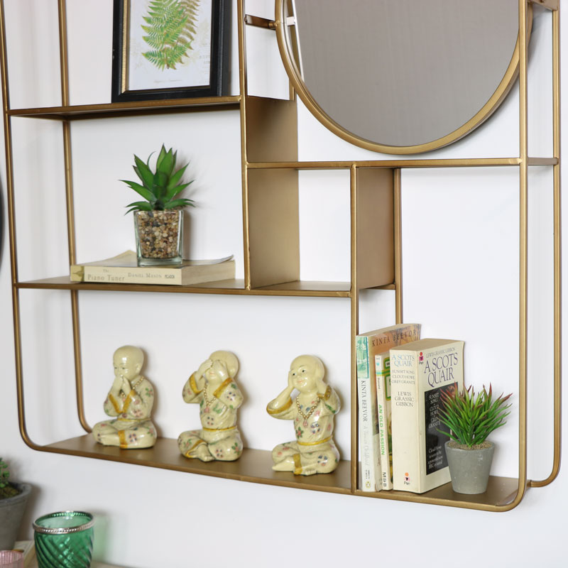 Large Gold Multi Shelf Mirrored Wall Unit 