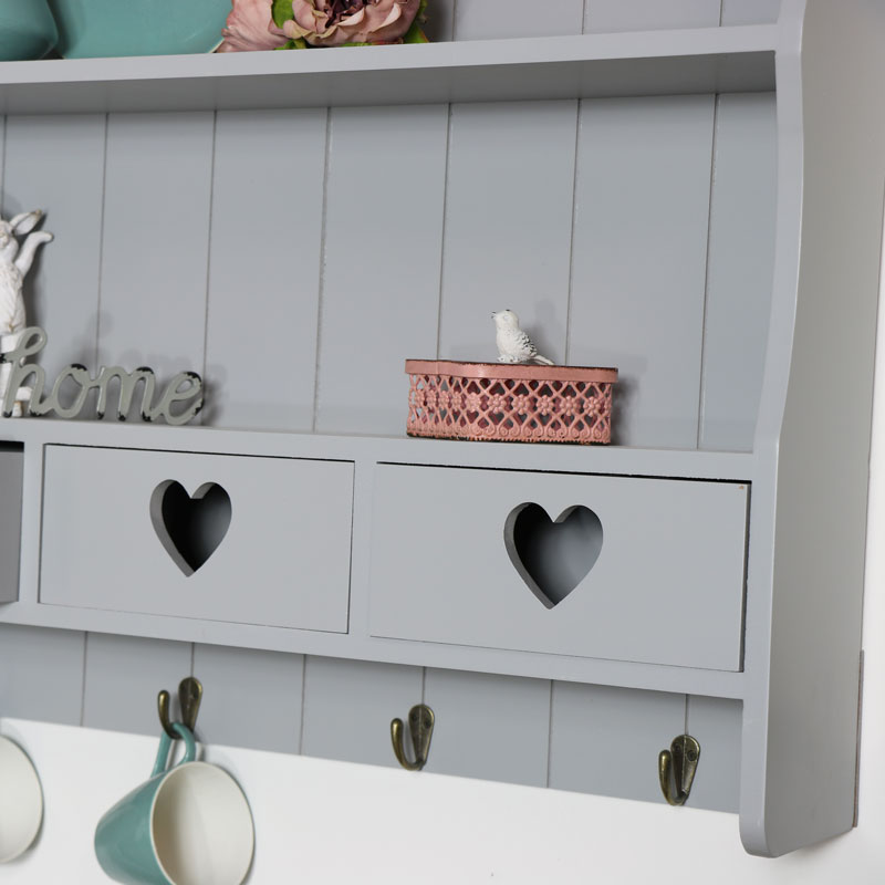 Large Grey Wall Shelf With Heart Drawer Storage Melody Maison