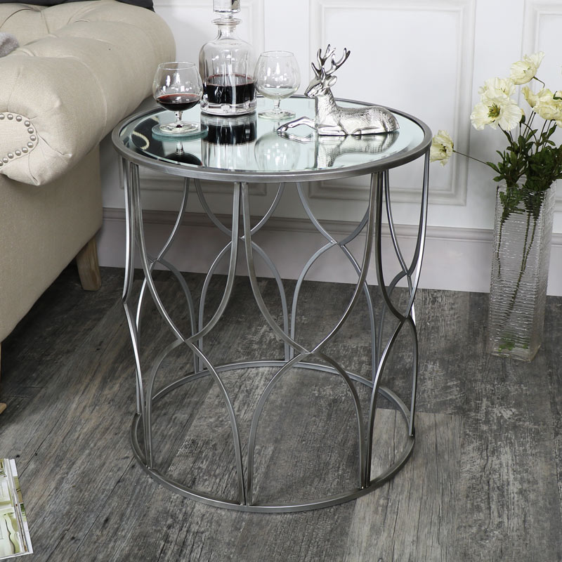 Large Ornate Silver Mirrored Side Table, Round Silver Side Table