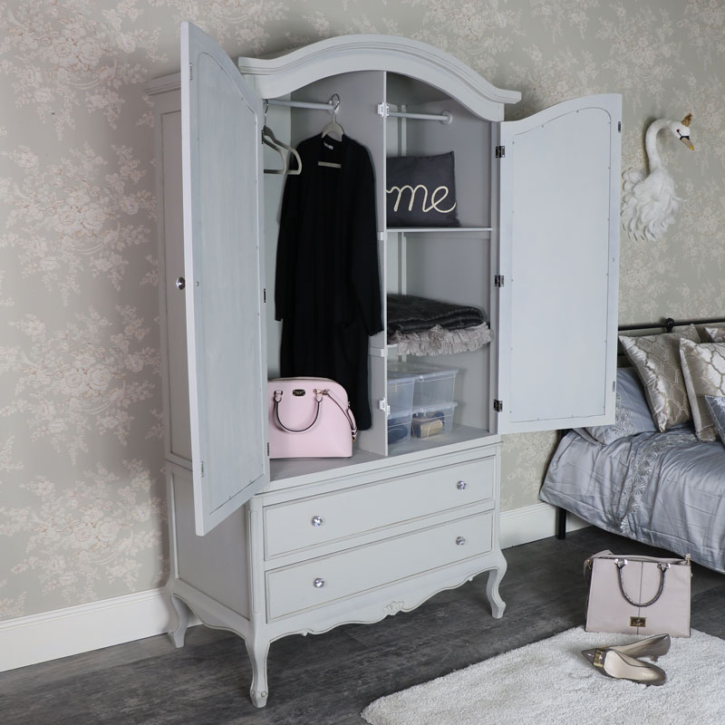 Large Ornate Vintage Grey Mirrored Double Wardrobe - Elise Grey Range DAMAGED SECONDS 1090