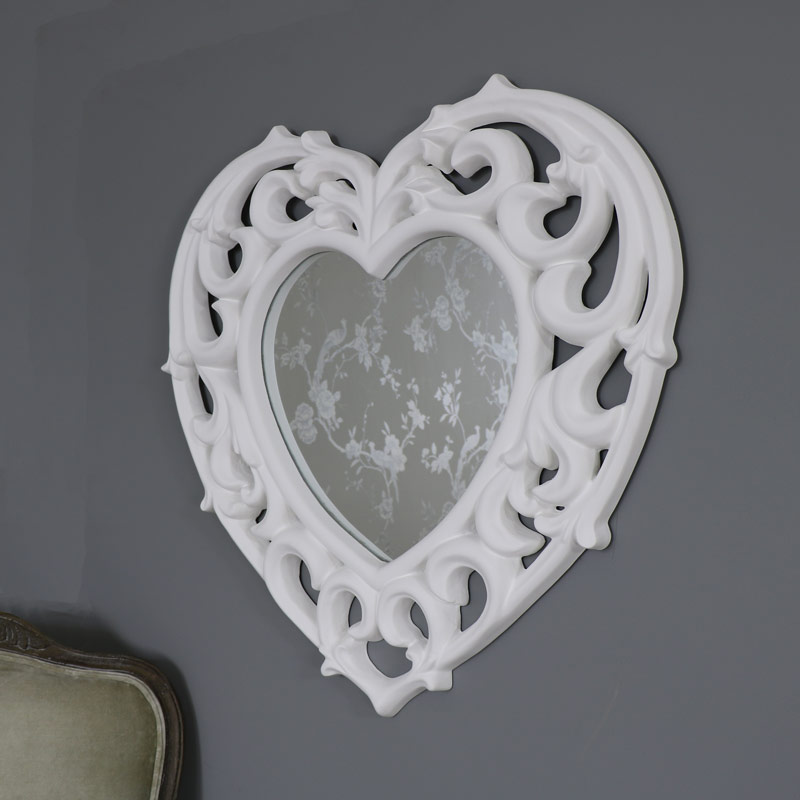 Large Ornate White Filigree Heart Wall Mirror