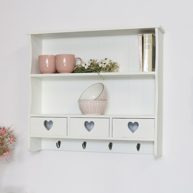 Cream Wall Shelf With Heart Drawer Storage, Shabby Chic Wall Shelves