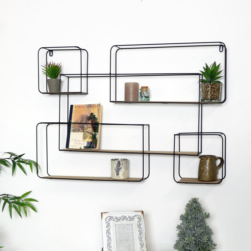 Large Rectangle Black Metal And Wood, Wooden Wall Shelving Units Uk