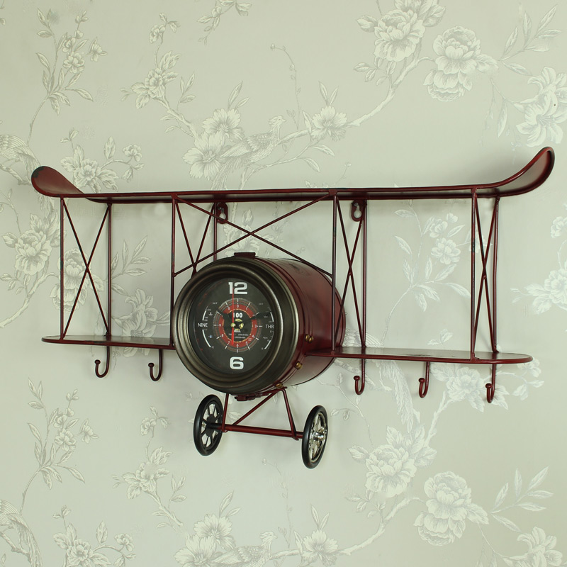 Large Retro Biplane Wall Clock Shelf with Hooks