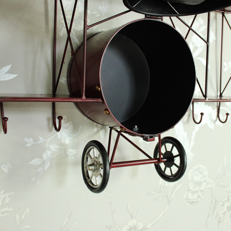 Large Retro Biplane Wall Clock Shelf with Hooks