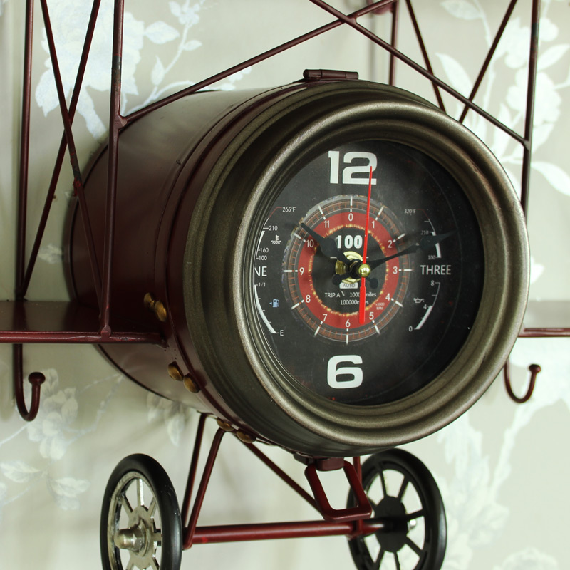 Large Retro Biplane Wall Clock Shelf with Hooks