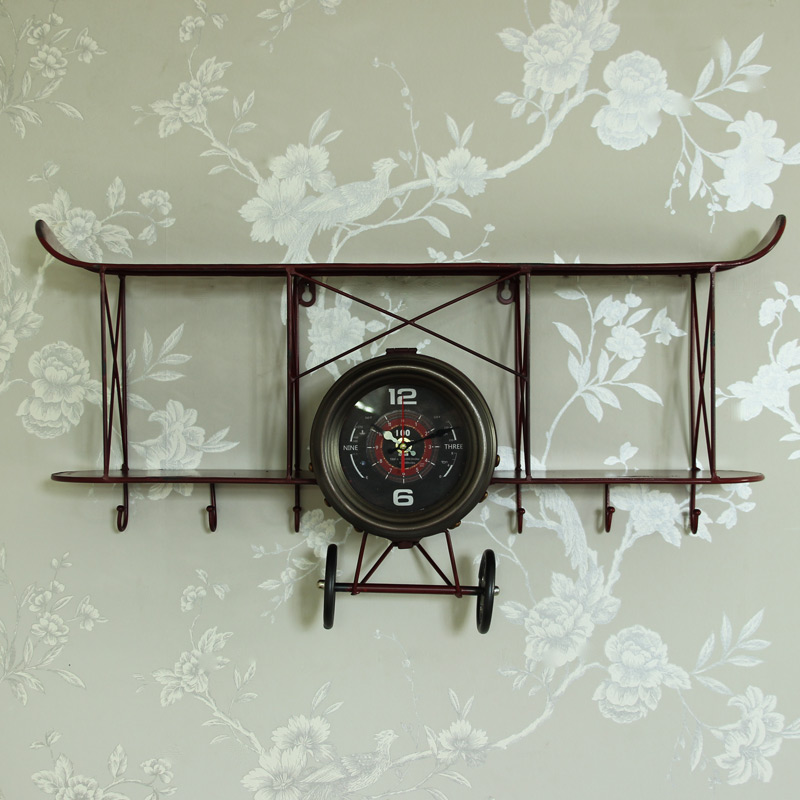 Large Retro Biplane Wall Clock Shelf with Hooks