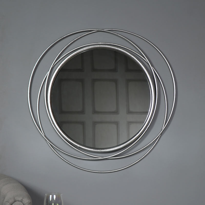 Large Round Antique Silver Swirl Mirror, Round Silver Mirror
