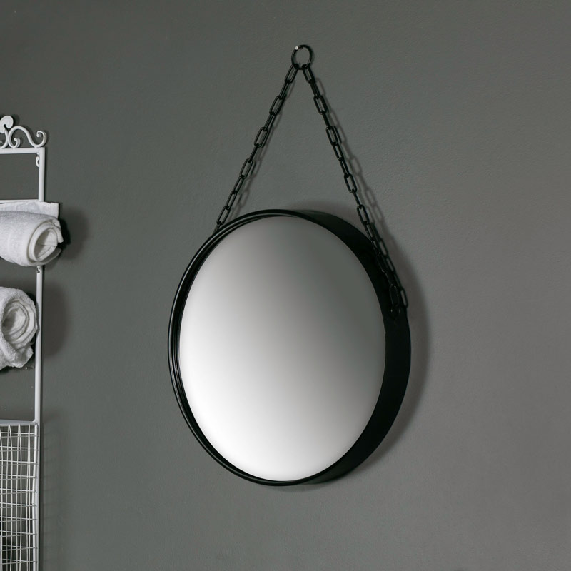 Large Round Black Mirror With Chain Hanger, Large Round Black Mirror
