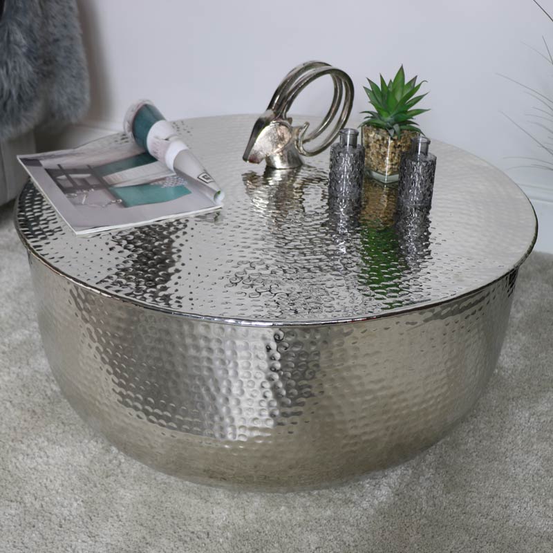Large Round Silver Metal Coffee Table