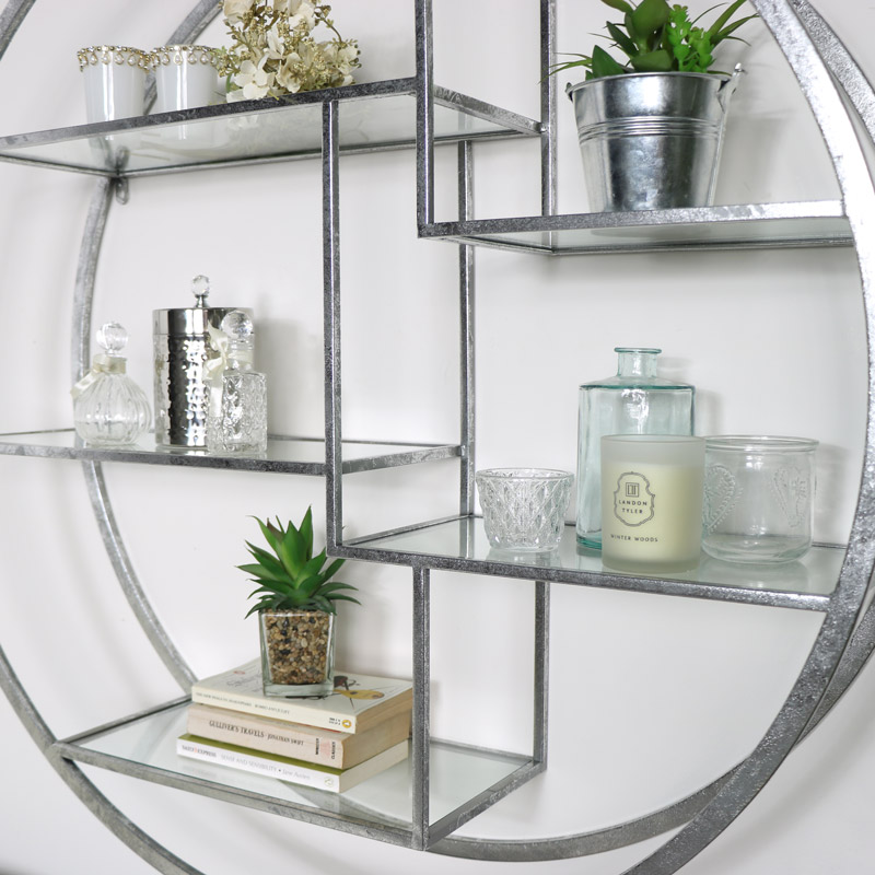 Large Round Silver Mirrored Multi Shelf Unit