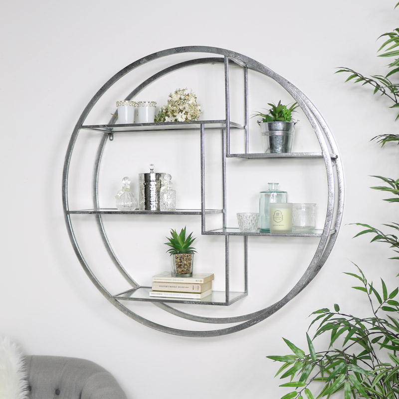 Large Round Silver Mirrored Multi Shelf Unit