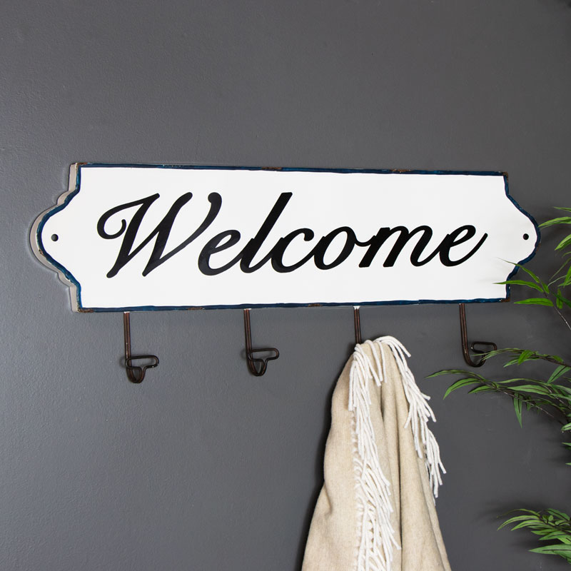 Large Rustic White Metal Welcome Sign With 4 Coat Hooks 