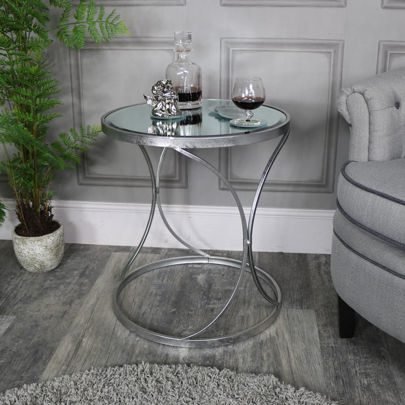 Large Silver Mirrored Side Table, Round Silver Table