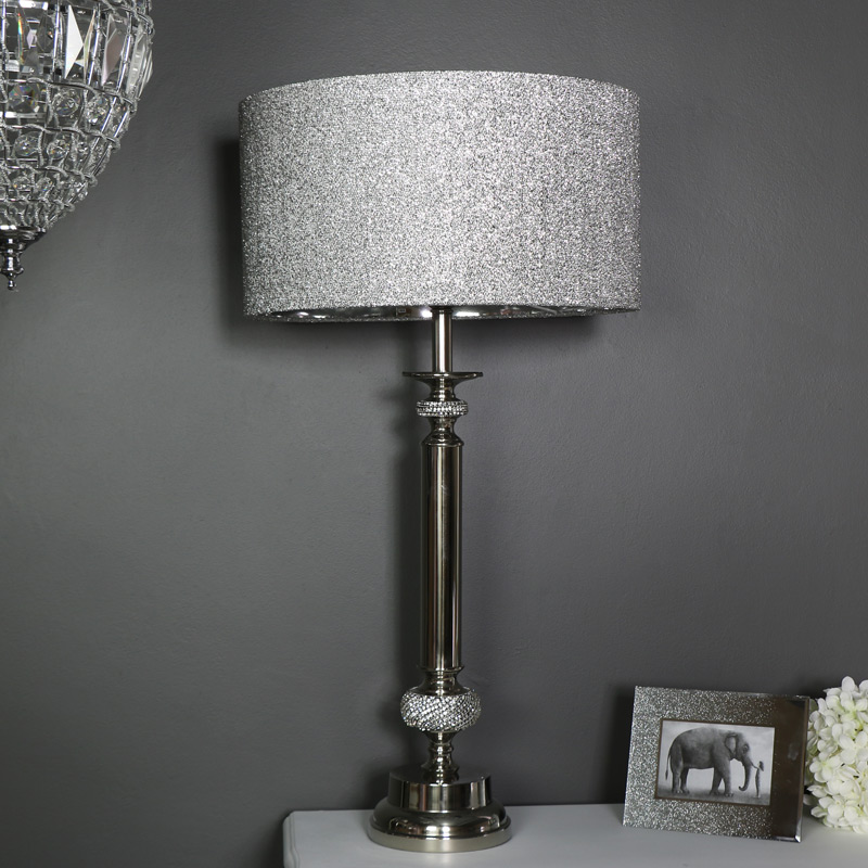 Large Silver Nickel Diamante Table Lamp, Large Black And Silver Table Lamps