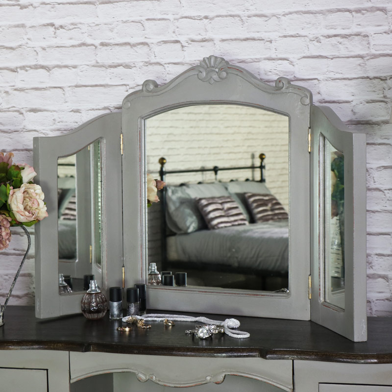 Large Vintage Grey Twin Pedestal Dressing Table, Mirror and Stool Set - Leadbury Range