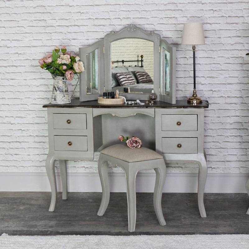 Large Vintage Grey Twin Pedestal Dressing Table, Mirror and Stool Set - Leadbury Range