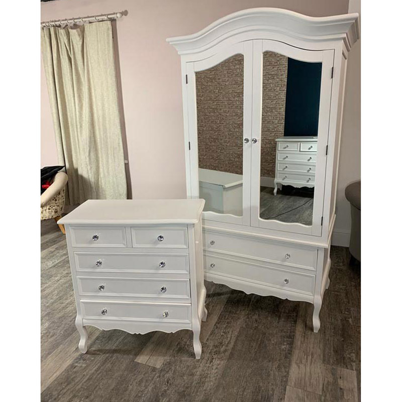 Large White Double Mirrored Wardrobe & Five Drawer Chest - Victoria Range DAMAGED SECONDS 2008