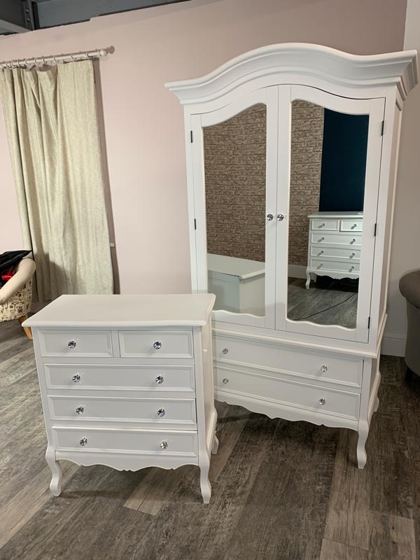 Large White Double Mirrored Wardrobe & Five Drawer Chest - Victoria Range DAMAGED SECONDS 2008