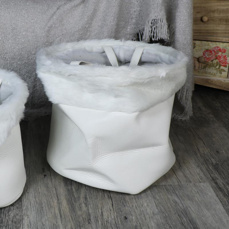 Large White Faux Fur/Leather Laundry Storage Basket