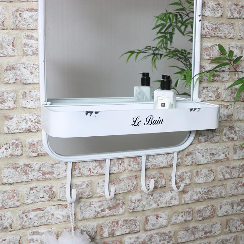 Large White Mirror with Shelf & Hooks 48cm X 80cm