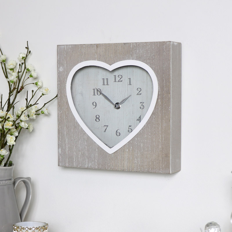 Lime Wash Wooden Heart Wall Clock