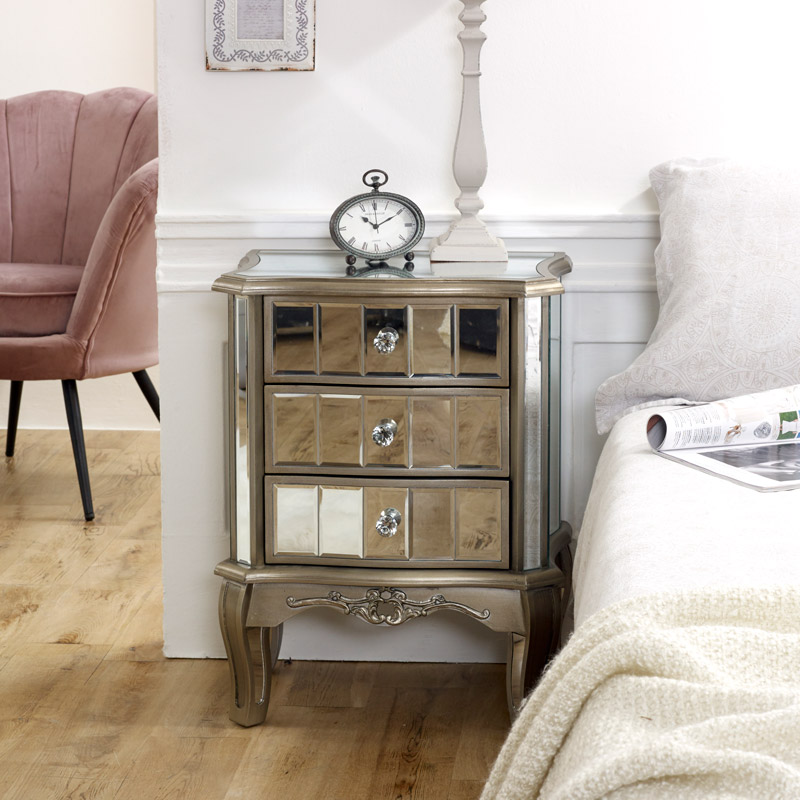 Mirrored 3 Drawer Bedside Table Tiffany Range Melody Maison