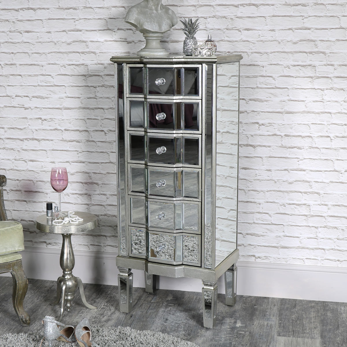 6 Drawer Mirrored Tallboy Mirrored Classique Range Melody Maison