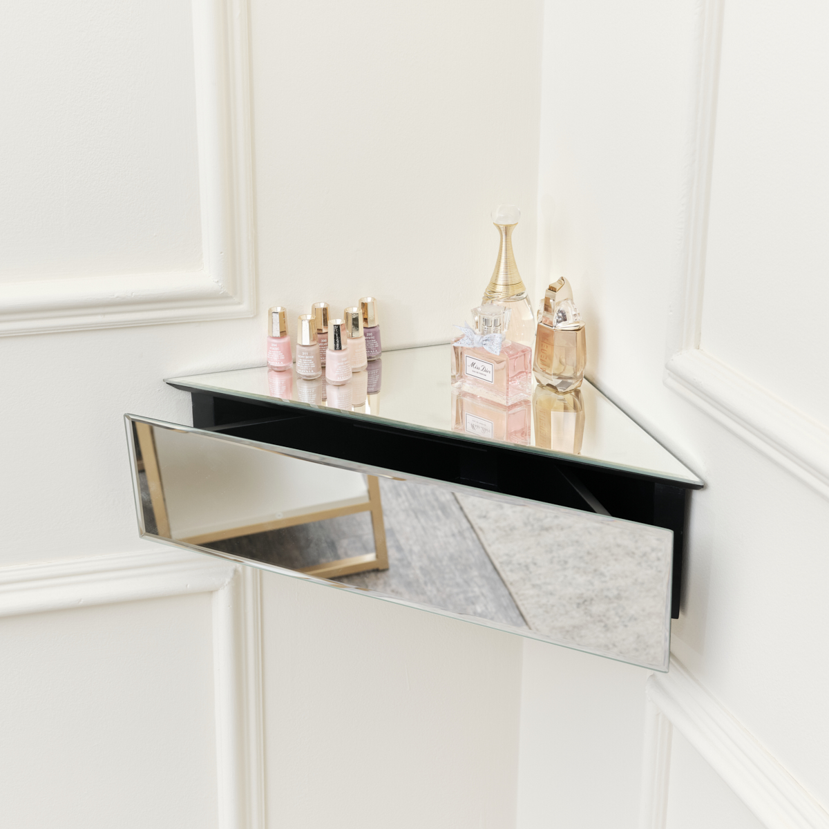 Mirrored Floating One Drawer Corner Shelf / Dressing Table Melody Maison