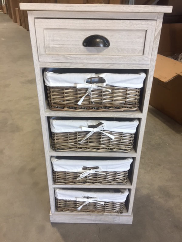 One Drawer with Four Wicker Baskets Tall Storage Unit - Vintage Grey Range EX SHOWROOM ITEM 1026