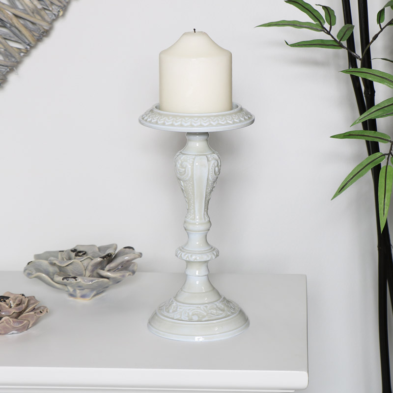 Ornate Grey Embossed Candle Holder