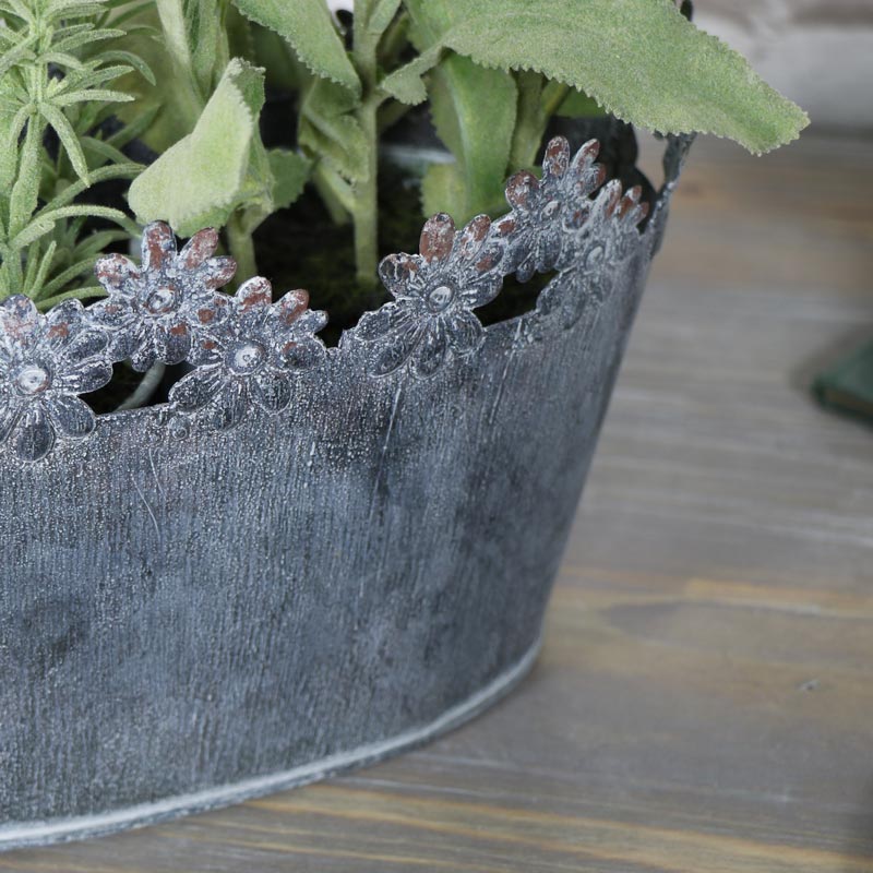 Ornate Grey Oval Metal Planter