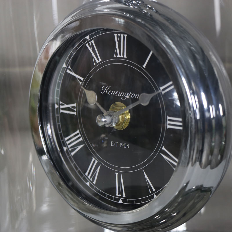 Ornate Silver Mantel Clock in Glass Cloche Dome Case
