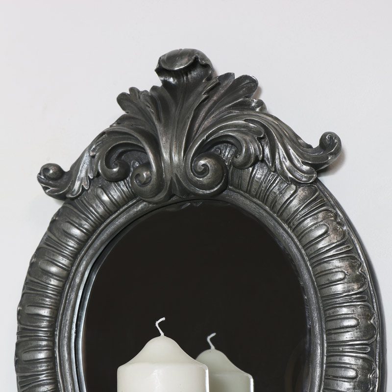 Ornate Silver Wall Mirror with Candle Sconce