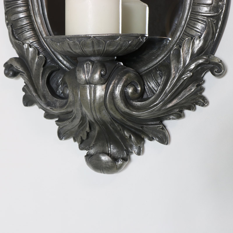 Ornate Silver Wall Mirror with Candle Sconce