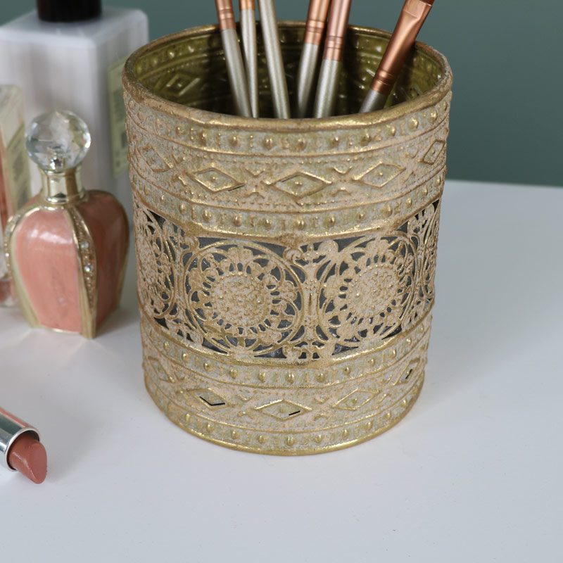 Ornate Vintage Gold Metal Makeup Brush/Candle Holder