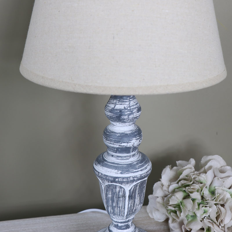 Ornate Vintage Grey White Washed Wooden Table Lamp