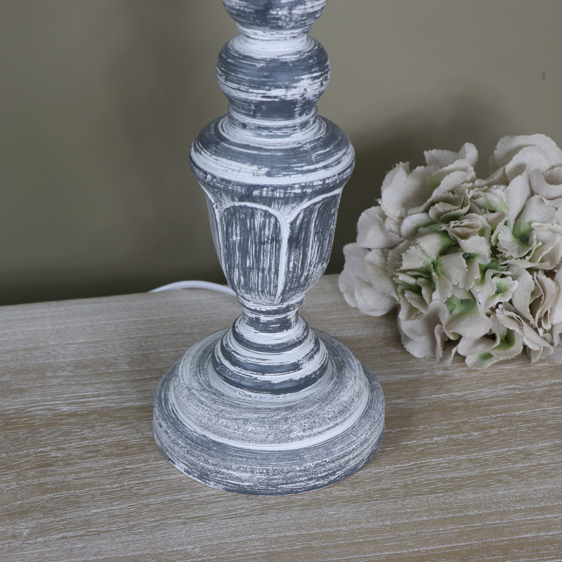 Ornate Vintage Grey White Washed Wooden Table Lamp